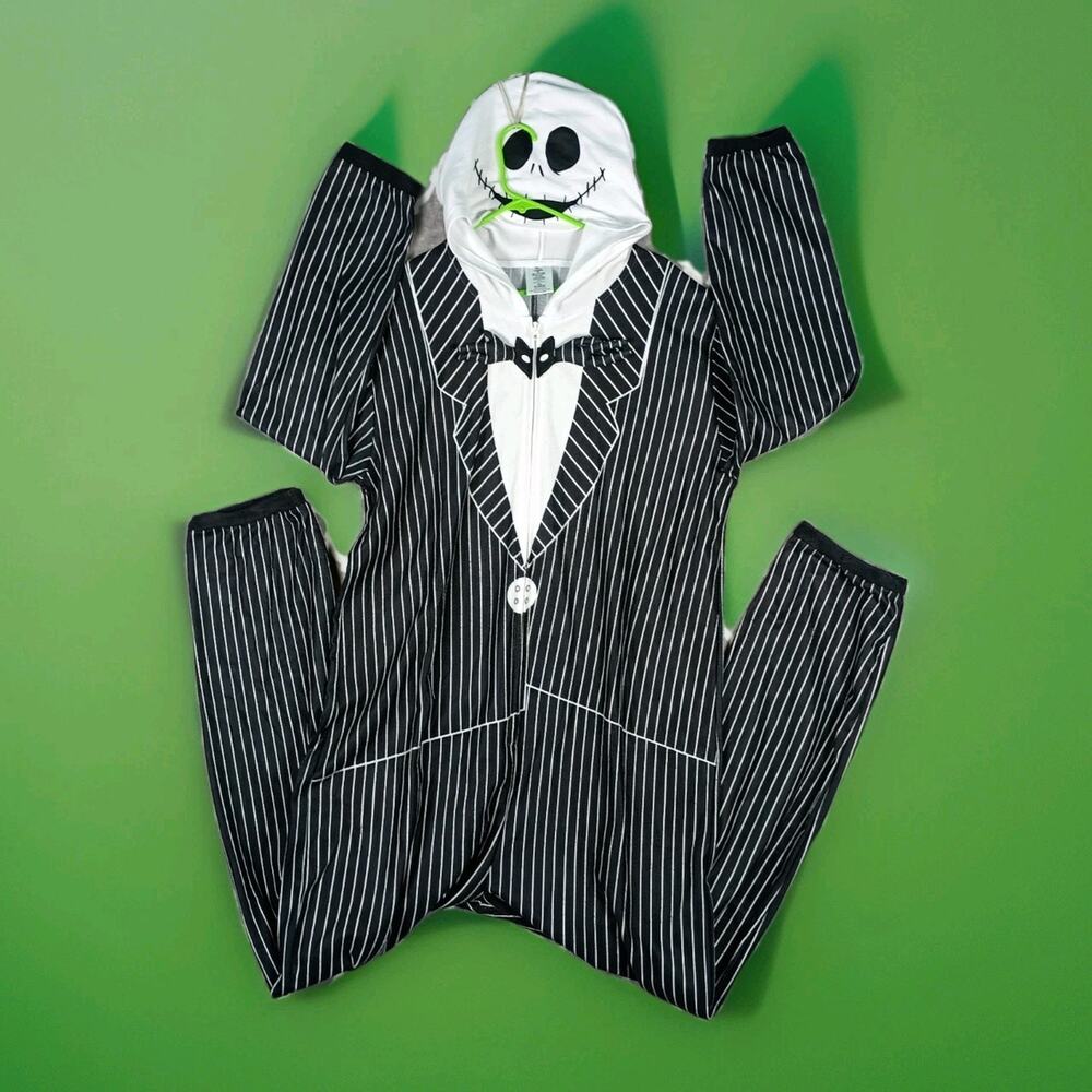 Jack Skellington One Piece Pajamas Adult XL‎ Hooded Pinstripe Disney